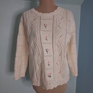 WoolOvers Womens cottagecore Cotton Knit Floral Embroidered Sweater Size‎ M